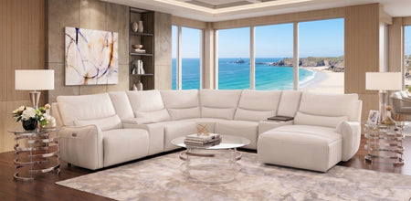 Senna White 7 Piece Leather Zero Gravity Dual Power Sectional with Right Arm Facing Chaise, Storage Console, and Cooling Console