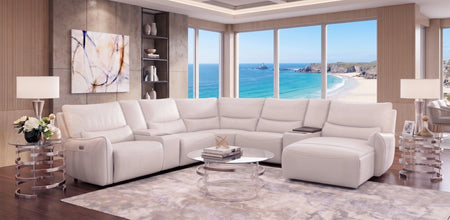 Senna White 7 Piece Leather Zero Gravity Dual Power Sectional with Right Arm Facing Chaise, Storage Console, and Cooling Console