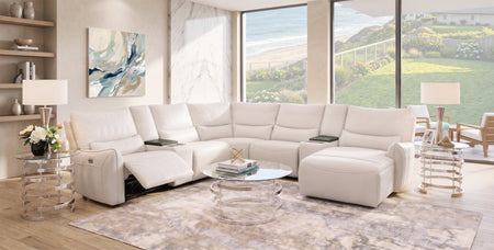 Senna White 7 Piece Leather Zero Gravity Dual Power Reclining Sectional with Right Arm Facing Chaise and 2 Cooling Console