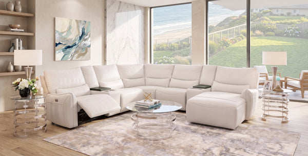 Senna White 7 Piece Leather Zero Gravity Dual Power Reclining Sectional with Right Arm Facing Chaise and 2 Cooling Console