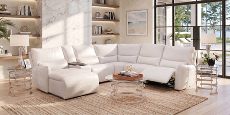 Senna White 6 Piece Leather Zero Gravity Dual Power Reclining Sectional with Left Arm Facing Chaise and Cooling Console
