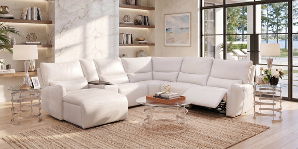 Senna White 6 Piece Leather Zero Gravity Dual Power Reclining Sectional with Left Arm Facing Chaise and Cooling Console