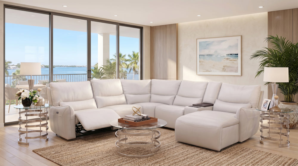 Senna White 6 Piece Leather Zero Gravity Dual Power Reclining Sectional with Right Arm Facing Chaise and Cooling Console