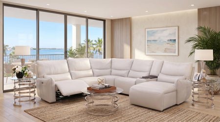 Senna White 6 Piece Leather Zero Gravity Dual Power Reclining Sectional with Right Arm Facing Chaise and Cooling Console