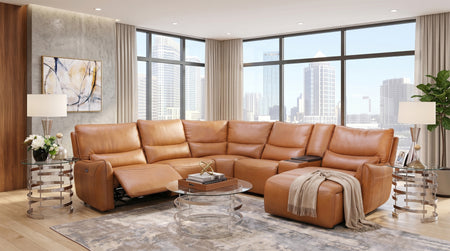 Senna Camel 6 Piece Leather Zero Gravity Dual Power Sectional with Right Arm Facing Chaise and Cooling Console