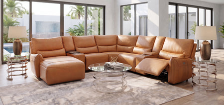 Senna Camel 7 Piece Leather Zero Gravity Dual Power Sectional with Left Arm Facing Chaise, Storage Console, and Cooling Console