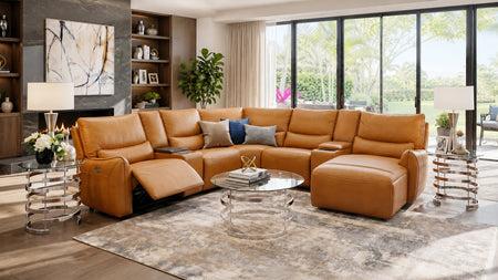 Senna Camel 7 Piece Leather Zero Gravity Dual Power Sectional with Right Arm Facing Chaise, Storage Console, and Cooling Console
