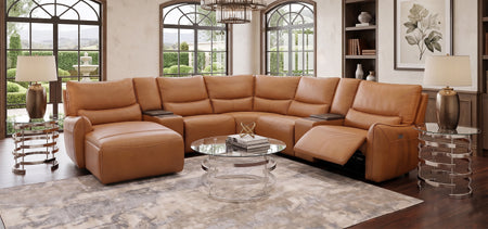 Senna Camel 7 Piece Leather Zero Gravity Dual Power Sectional with Left Arm Facing Chaise and 2 Cooling Consoles