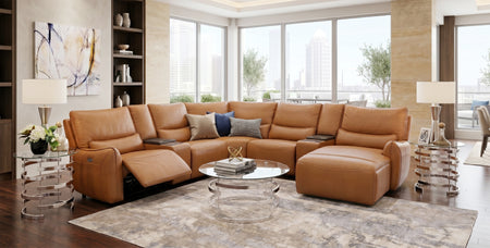 Senna Camel 7 Piece Leather Zero Gravity Dual Power Sectional with Right Arm Facing Chaise and 2 Cooling Consoles