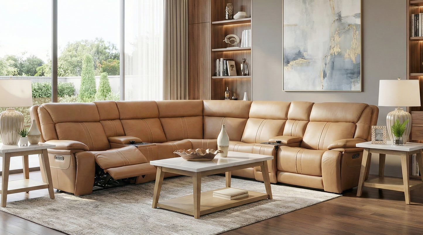 Sonic 7 Piece Leather Zero Gravity Triple Power Sectional with Left and Right Arm Facing Recliners, an Armless Chair, a Wedge, an Armless Triple Power Recliner, and 2 Storage Consoles