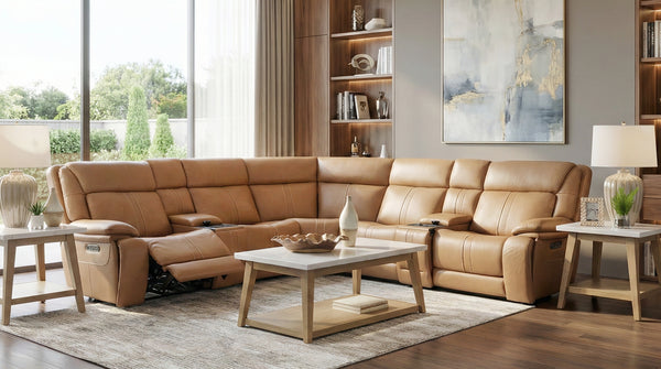 Sonic 7 Piece Leather Zero Gravity Triple Power Sectional with Left and Right Arm Facing Recliners, an Armless Chair, a Wedge, an Armless Triple Power Recliner, and 2 Storage Consoles