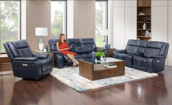 Sonic Navy 5 Piece Leather Triple Power Reclining Living Room