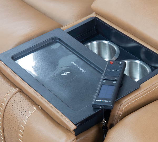 Sonic 7 Piece Leather Zero Gravity Triple Power Sectional with Left and Right Arm Facing Recliners, an Armless Chair, a Wedge, an Armless Triple Power Recliner, and 2 Storage Consoles