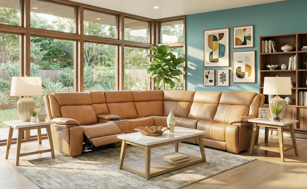 Sonic 6 Piece Leather Zero Gravity Triple Power Sectional with Left and Right Arm Facing Recliners, an Armless Chair, a Wedge, an Armless Triple Power Recliner, and a Storage Console