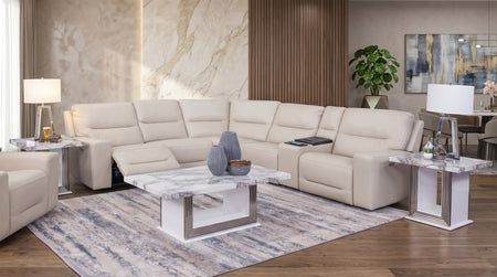 Stratos Stone 6 Piece Leather Zero Gravity Dual Power Sectional with Cooling Console