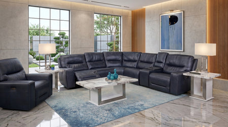 Stratos Navy 6 Piece Leather Zero Gravity Dual Power Sectional with Cooling Console
