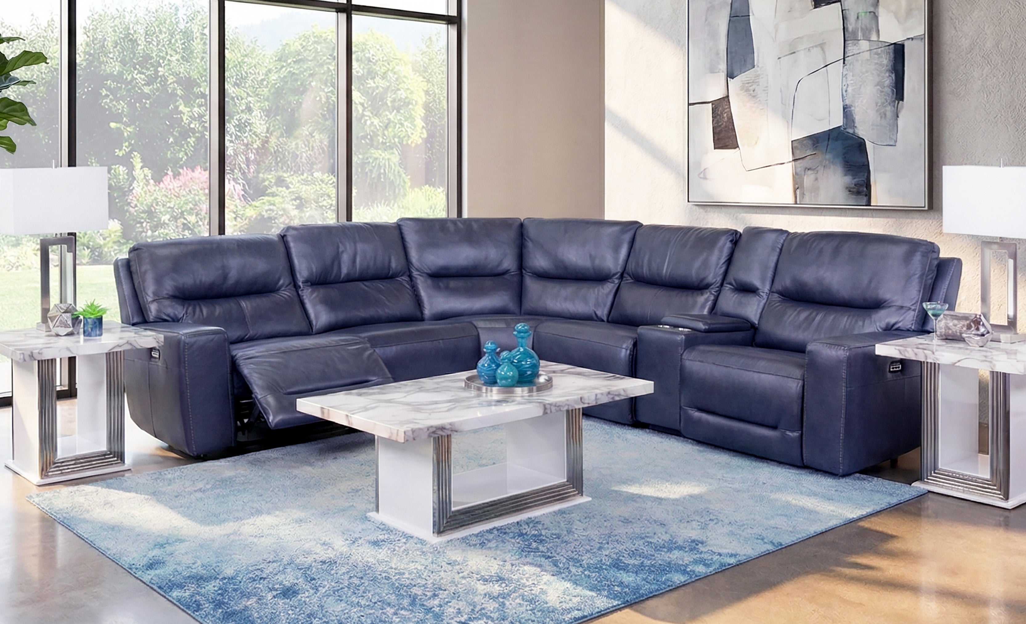 Stratos Navy 6 Piece Leather Zero Gravity Dual Power Sectional