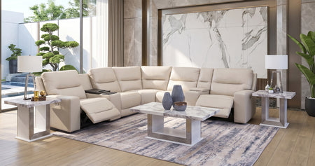 Stratos Stone 7 Piece Leather Zero Gravity Dual Power Sectional with Storage Console and Cooling Console