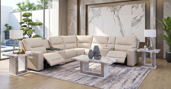 Stratos Stone 7 Piece Leather Zero Gravity Dual Power Sectional with Storage Console and Cooling Console