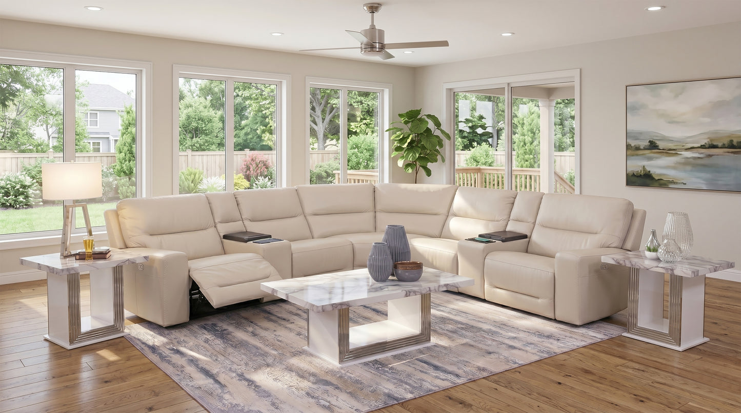 Stratos Stone 7 Piece Leather Zero Gravity Dual Power Sectional with Cooling Console