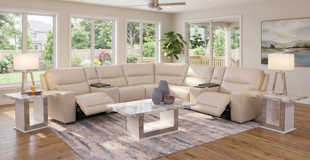 Stratos Stone 7 Piece Leather Zero Gravity Dual Power Sectional with Cooling Console