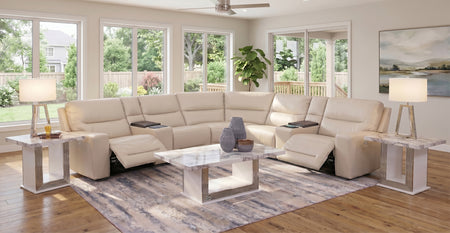 Stratos Stone 7 Piece Leather Zero Gravity Dual Power Sectional with 2 Cooling Consoles