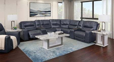 Stratos Navy 7 Piece Leather Zero Gravity Dual Power Sectional with 2 Cooling Consoles