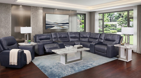 Stratos Navy 7 Piece Leather Zero Gravity Dual Power Sectional with Storage Console and Cooling Console