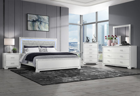 Fergie White 5 Piece King Upholstered Lighted Panel Bedroom