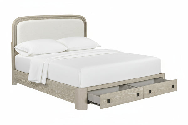Beige bed frame with storage drawers on a white background