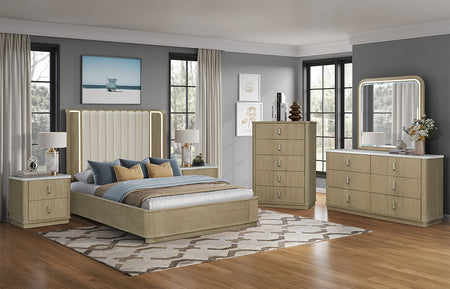 Treviso 5 Piece King Lighted Upholstered Panel Bedroom