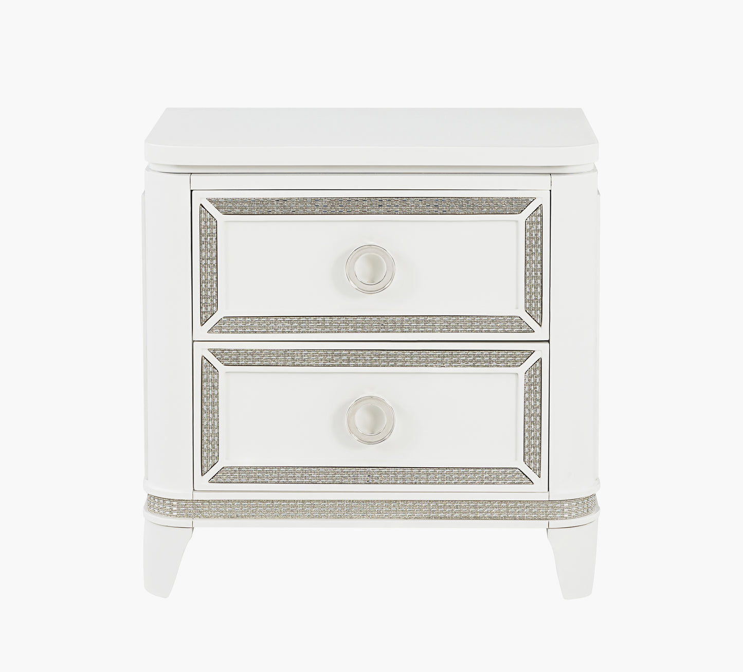 White nightstand with decorative trim and two drawers on a white background