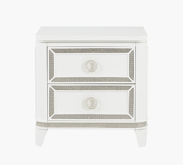 White nightstand with decorative trim and two drawers on a white background