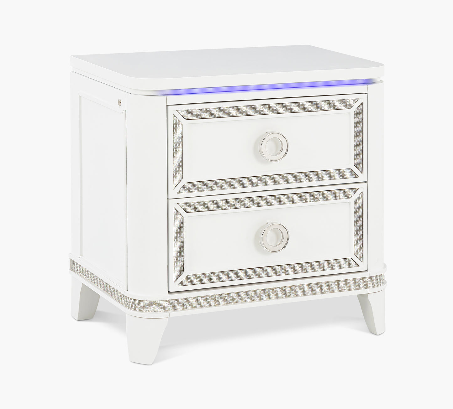 White nightstand with two drawers and LED lighting on a white background