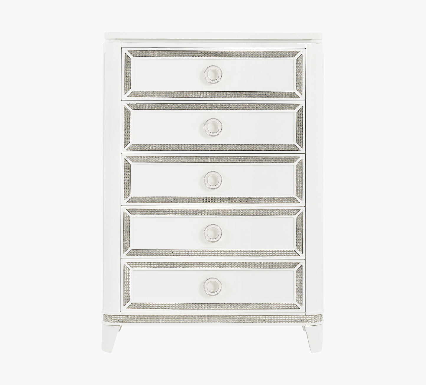 White dresser with decorative trim on a white background
