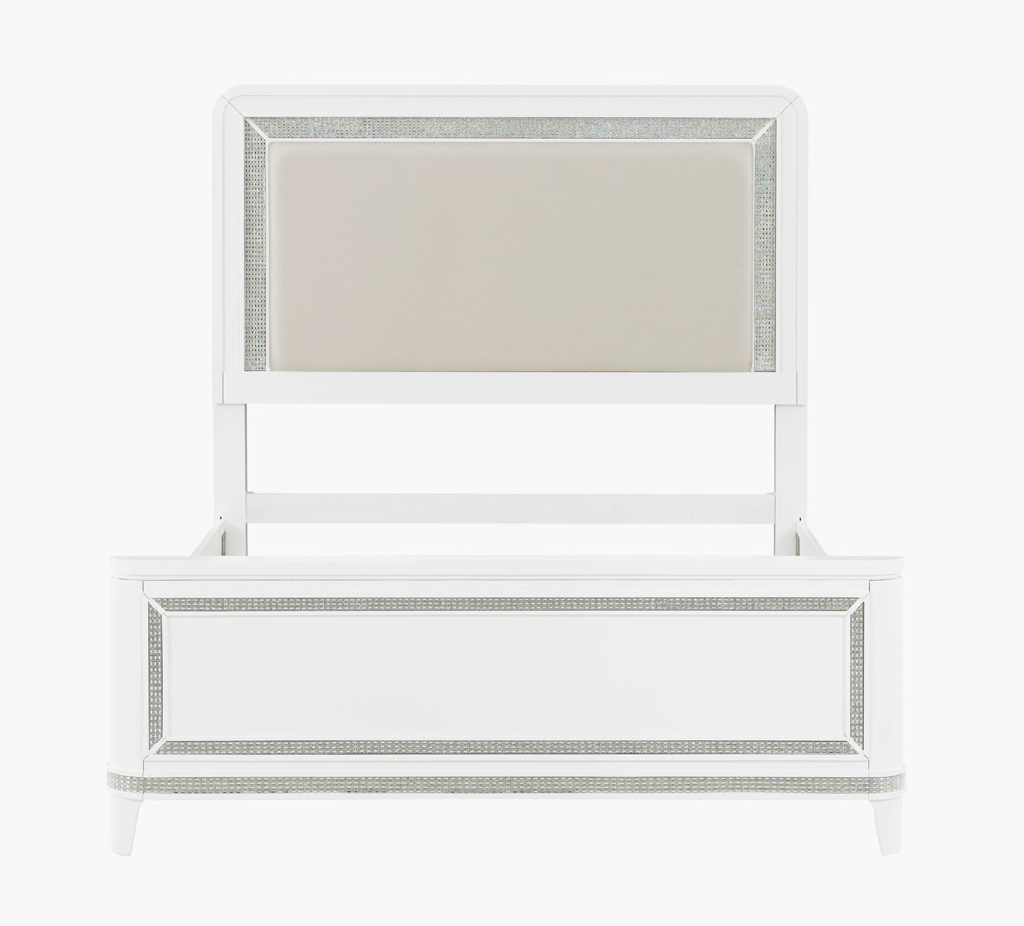 White bed with silver frame and mirror on a white background
