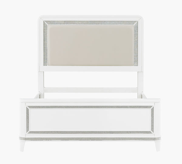White bed with silver frame and mirror on a white background