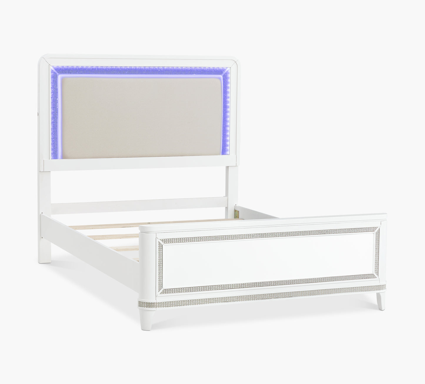 White bed frame with a headboard featuring blue LED lighting on a white background