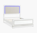 White bed frame with a headboard featuring blue LED lighting on a white background