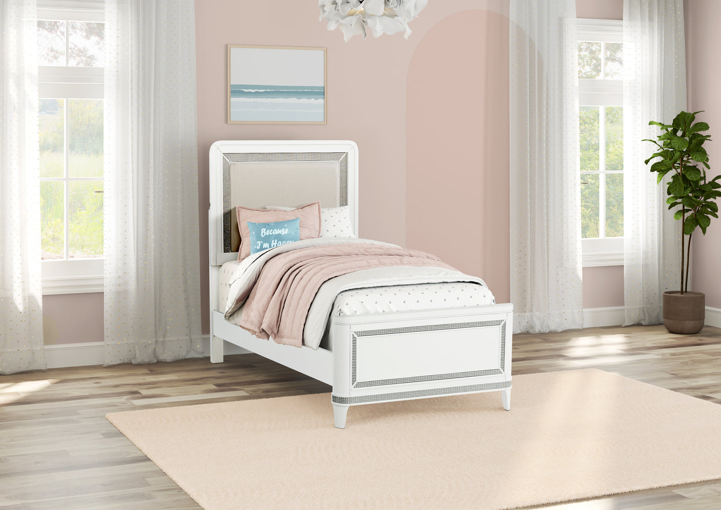 White bed in a bedroom with pink walls, large windows, and a plant.