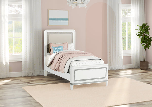 White bed in a bedroom with pink walls, large windows, and a plant.