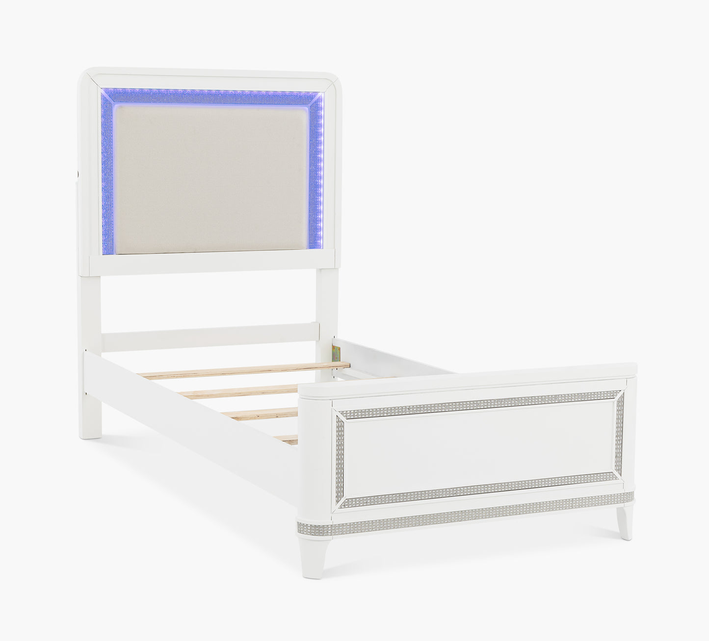 The Tiana Upholstered Twin Bed combines dazzling ambient LED lighting controlled by touch switches on all pieces