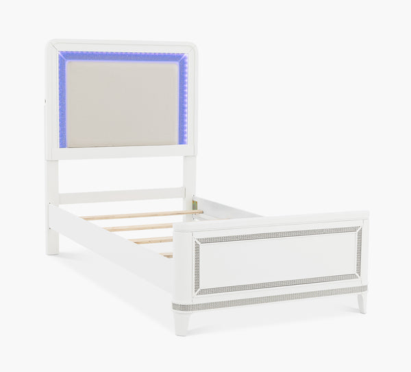 The Tiana Upholstered Twin Bed combines dazzling ambient LED lighting controlled by touch switches on all pieces