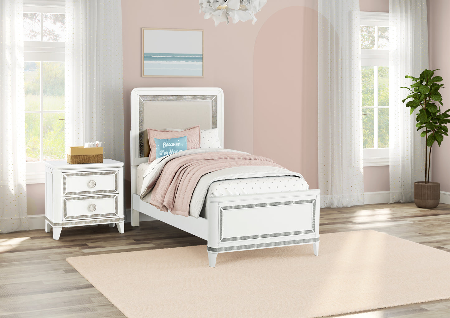 White bedroom set with bed, nightstand, and rug in a bright room. The Tiana Upholstered Twin Bedroom combines dazzling ambient LED lighting controlled by touch switches on all pieces. Choose from 7 colors to suit your mood. Dresser also features ball bearing drawer guides, felt lined top drawers with dovetail joinery and textured trim. 