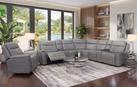 Vance Grey 7 Piece Leather Zero Gravity Triple Power Sectional with 2 Cooling Consoles