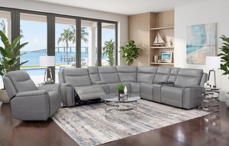 Vance Grey 7 Piece Leather Zero Gravity Triple Power Sectional with Storage Console and Cooling Console