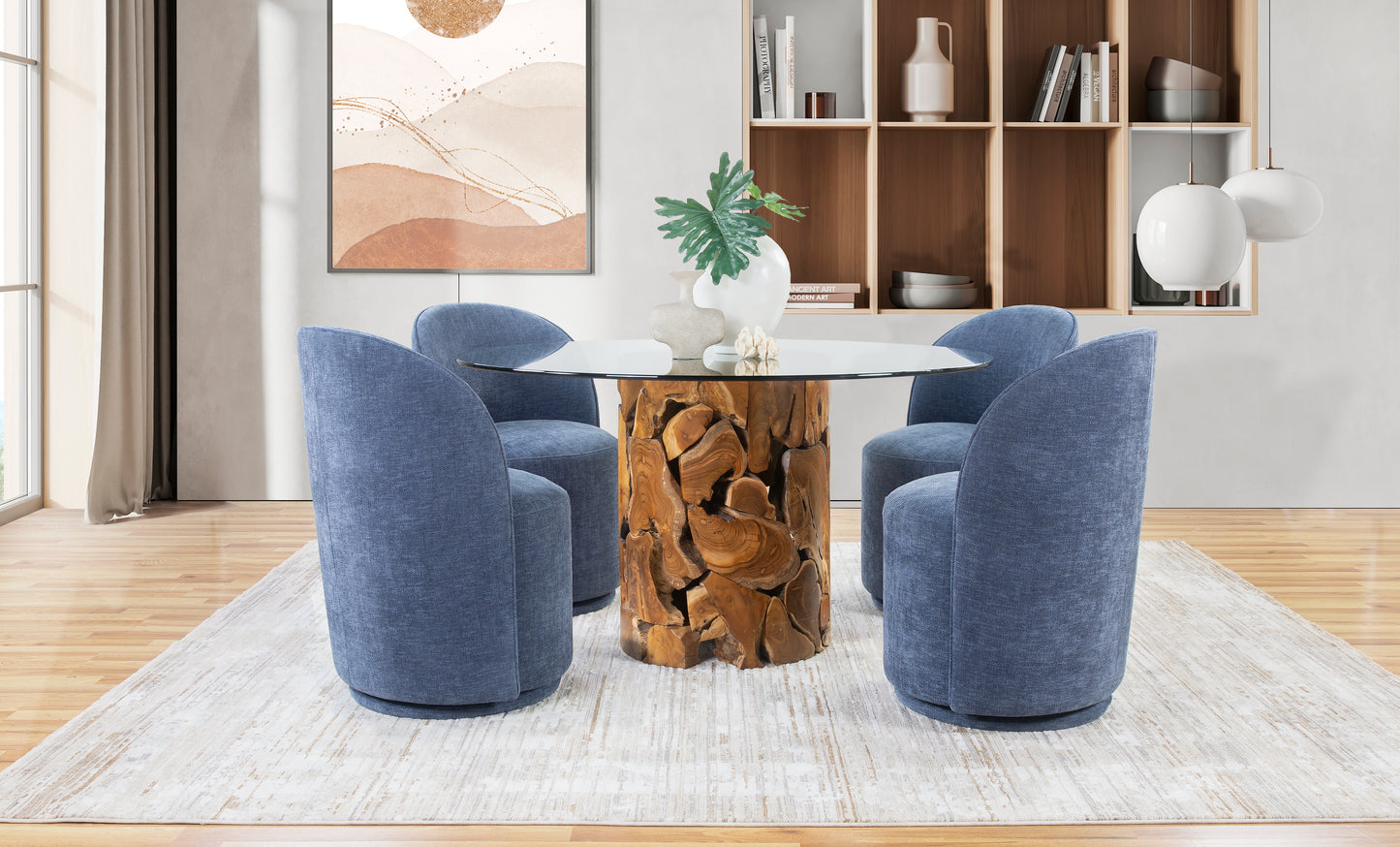 Yosemite 5 Piece  Dining Set with Navy Upholstered Round Back Swivel Chairs