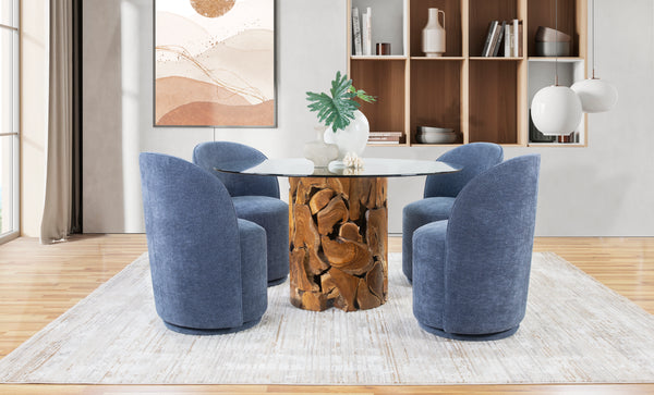 Yosemite 5 Piece  Dining Set with Navy Upholstered Round Back Swivel Chairs