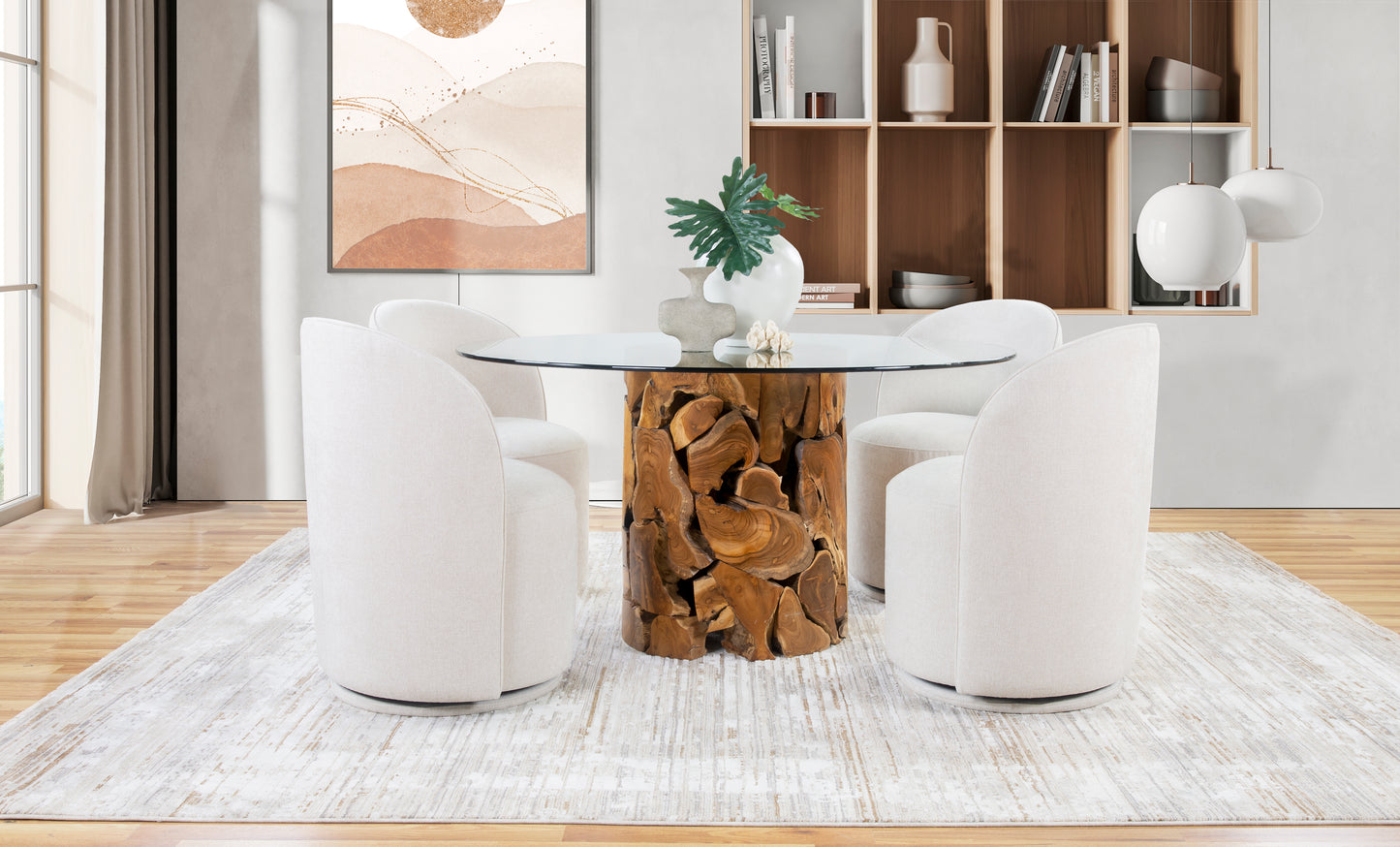 Yosemite 5 Piece Dining Set with Linen Upholstered Round Back Swivel Chairs