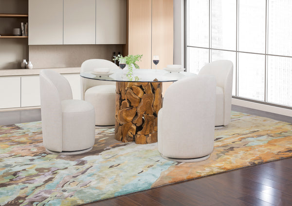 Yosemite 5 Piece Dining Set with Linen Upholstered Round Back Swivel Chairs